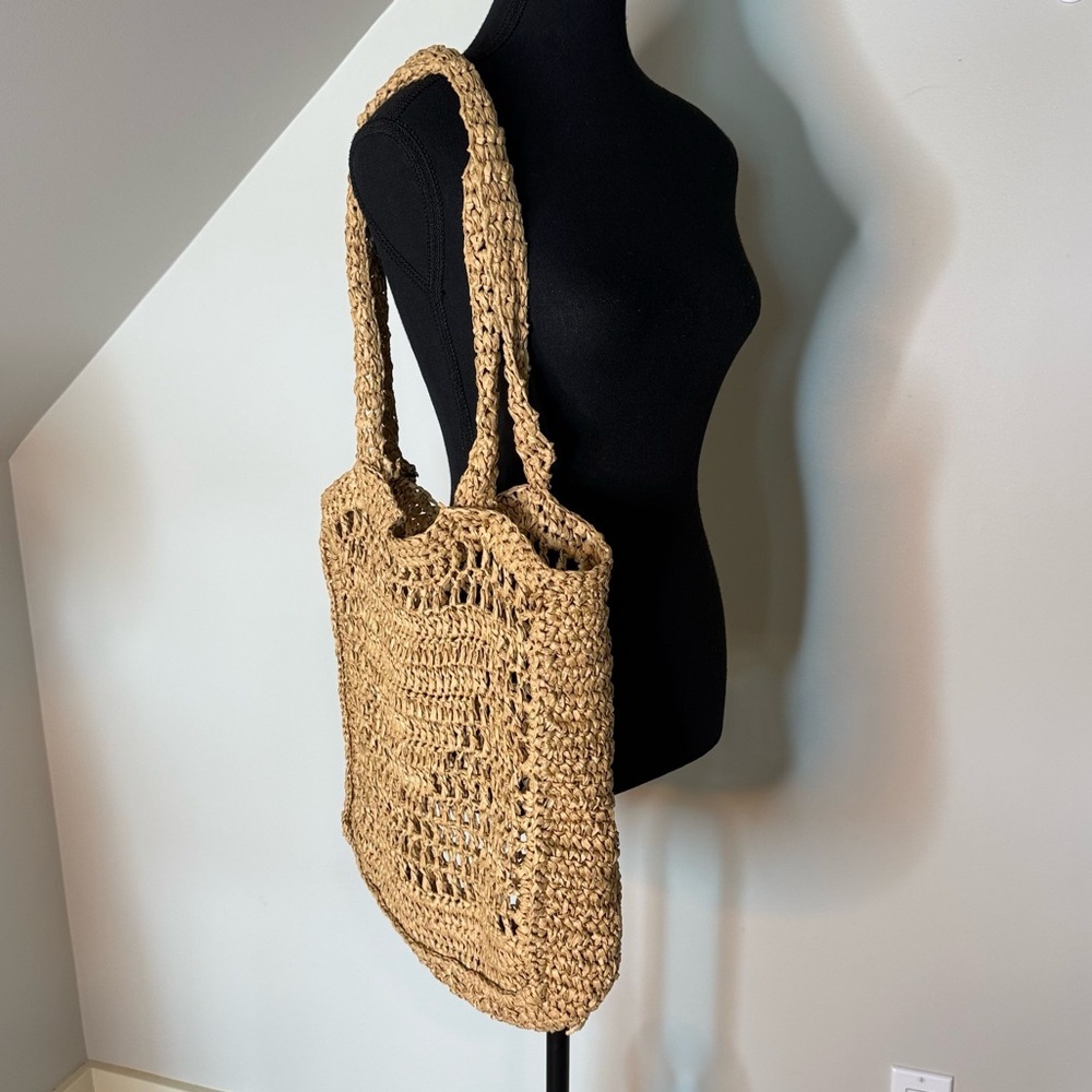 LA EXPRESS Tan Paper Straw Tote Bag Weave Beach Bag Boho Crochet *Flaws* - Picture 2 of 11